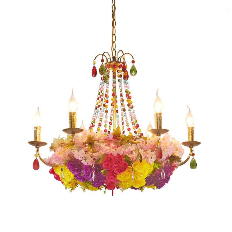 Gold Candle Hanging Chandelier Retro Iron 6/12 Bulbs Restaurant Flower Pendant Light with Crystal Decor