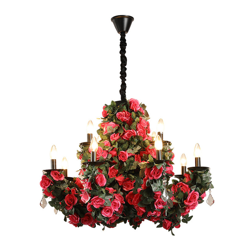 12-Bulb Hanging Chandelier Retro Candle Iron Flower Ceiling Pendant in Red with Clear Crystal Accent