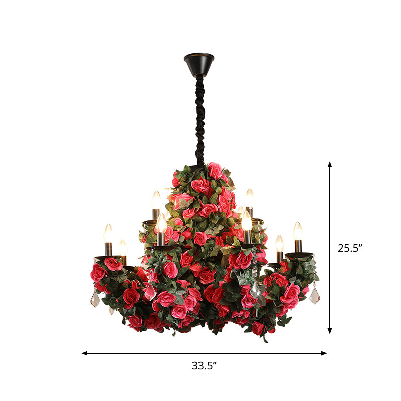 12-Bulb Hanging Chandelier Retro Candle Iron Flower Ceiling Pendant in Red with Clear Crystal Accent