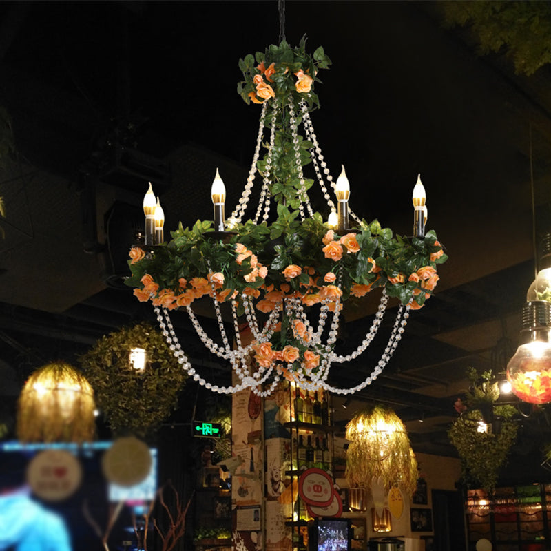 Black Candle Ceiling Chandelier Retro Iron 8 Lights Restaurant Plant Pendant Light with Crystal Accent