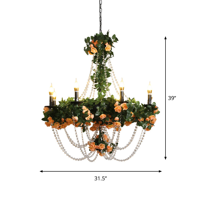 Black Candle Ceiling Chandelier Retro Iron 8 Lights Restaurant Plant Pendant Light with Crystal Accent