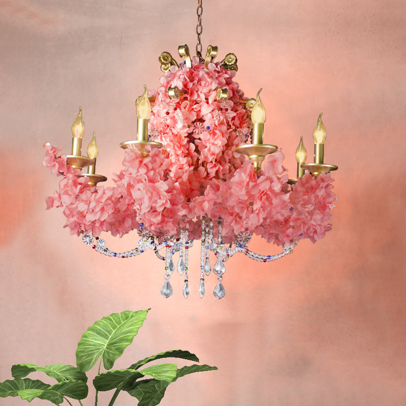 Candlestick Iron Chandelier Lamp Industrial 8 Bulbs Restaurant Flower Suspension Pendant in Pink with Crystal