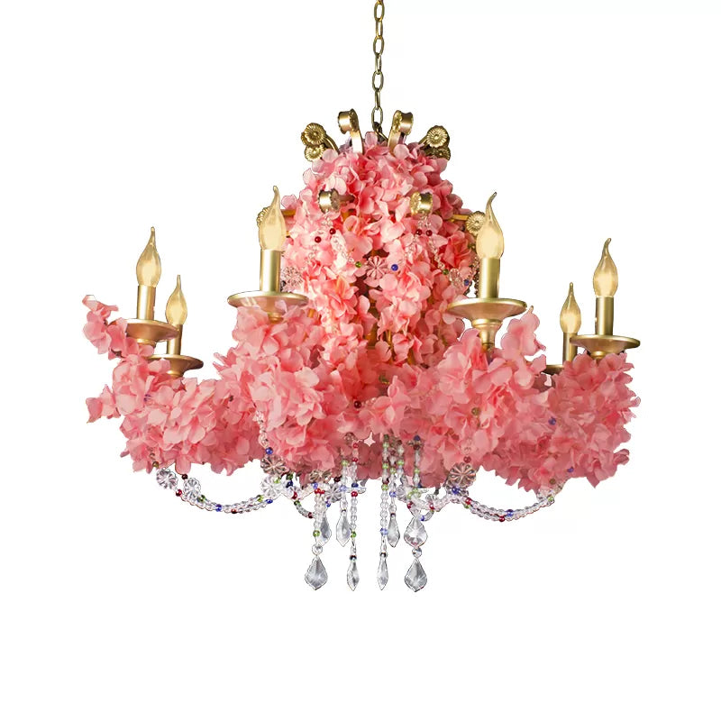 Candlestick Iron Chandelier Lamp Industrial 8 Bulbs Restaurant Flower Suspension Pendant in Pink with Crystal