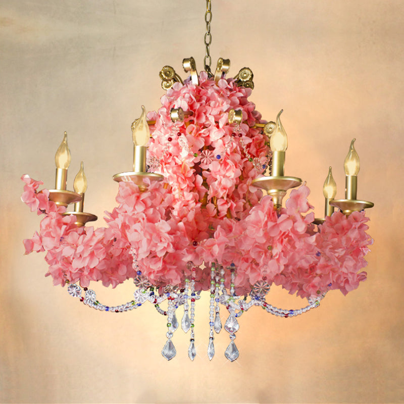 Candlestick Iron Chandelier Lamp Industrial 8 Bulbs Restaurant Flower Suspension Pendant in Pink with Crystal