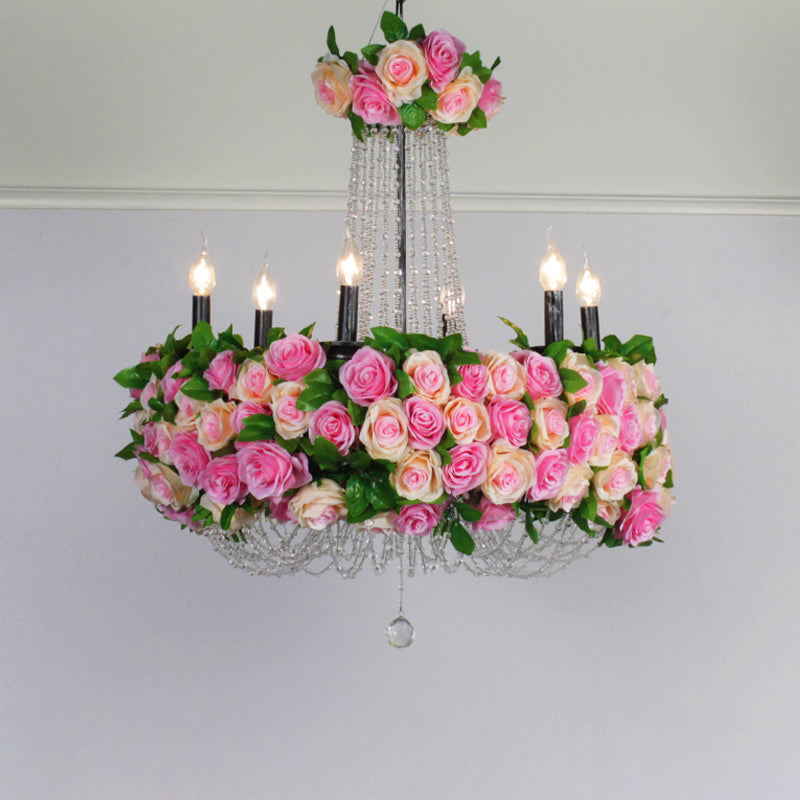 Bauernhaus Candelabra Kronleuchter Licht 6-Kopf-Eisenblumendecke in Rosa mit Kristallakzent