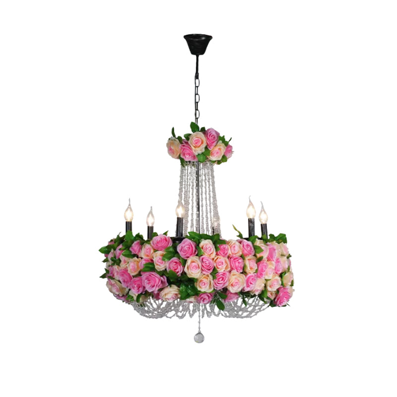 Bauernhaus Candelabra Kronleuchter Licht 6-Kopf-Eisenblumendecke in Rosa mit Kristallakzent