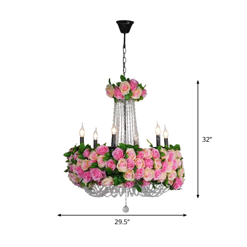 Bauernhaus Candelabra Kronleuchter Licht 6-Kopf-Eisenblumendecke in Rosa mit Kristallakzent