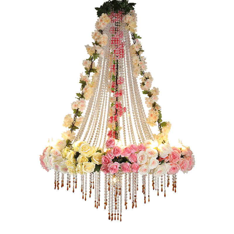 White 10 Heads Hanging Chandelier Industrial Crystal Raindrop Ceiling Lamp with Flower Decoration