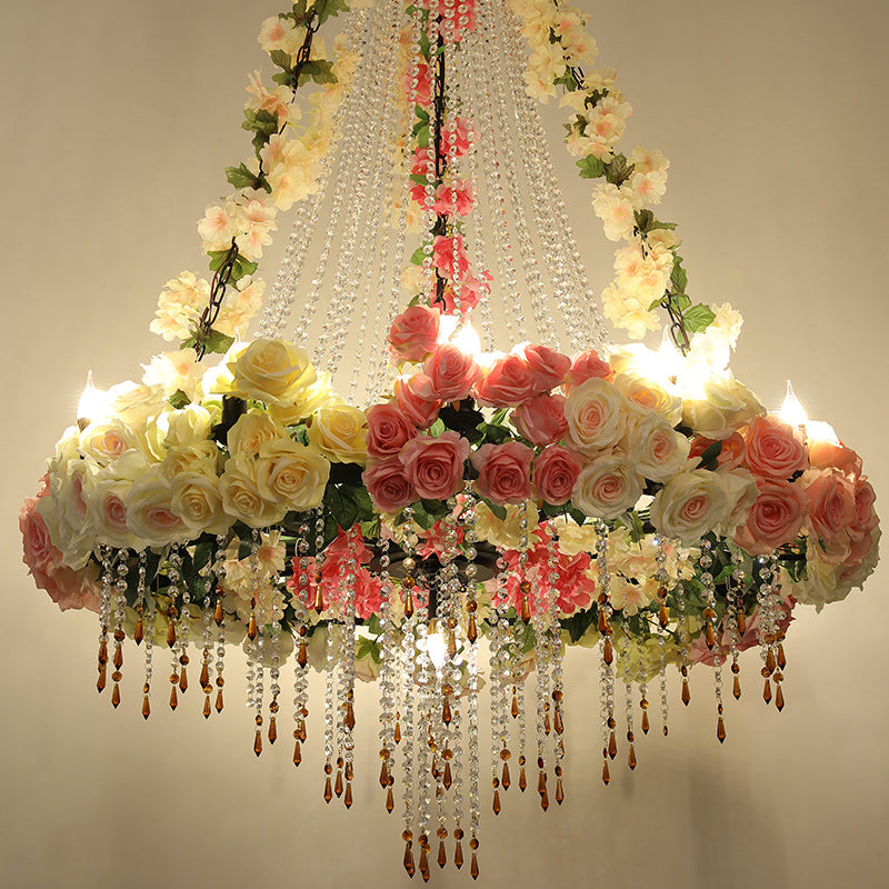 White 10 Heads Hanging Chandelier Industrial Crystal Raindrop Ceiling Lamp with Flower Decoration