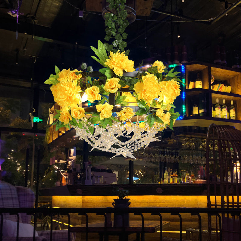 Yellow Round Cage Ceiling Chandelier Industrial Iron 3-Light Restaurant Flower Pendant Lamp with Crystal