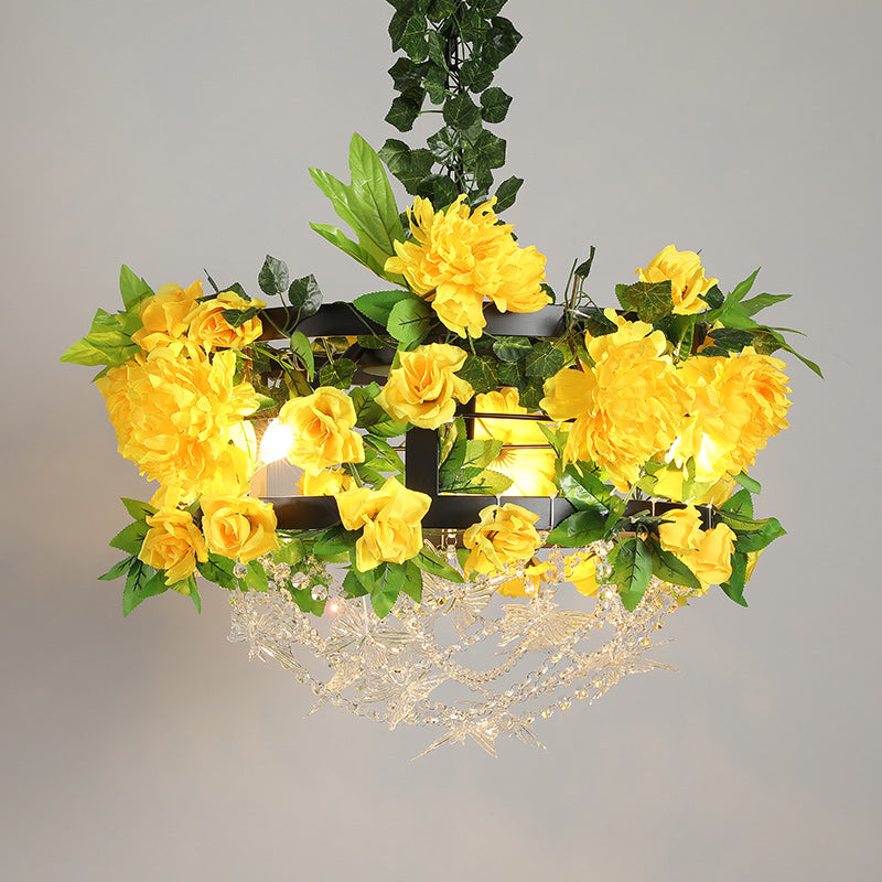 Yellow Round Cage Ceiling Chandelier Industrial Iron 3-Light Restaurant Flower Pendant Lamp with Crystal