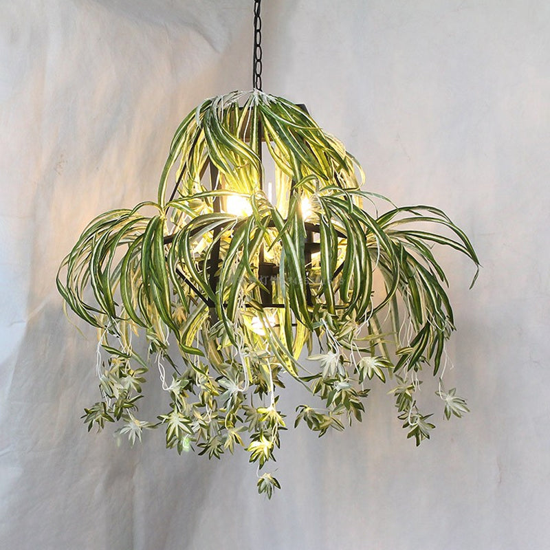 Farm Circular Cage Chandelier Light 5 Bulbs Iron Pendant Lighting Fixture in Green with Flower Decor