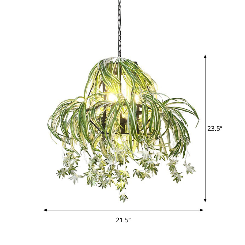 Farm Circular Cage Chandelier Light 5 Bulbs Iron Pendant Lighting Fixture in Green with Flower Decor