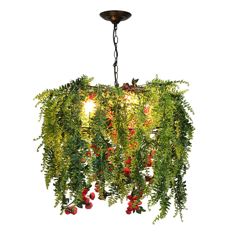 Warehouse Wire Guard Chandelier Lamp 4 Bulbs Iron Hanging Ceiling Light in Green with Plant Decor