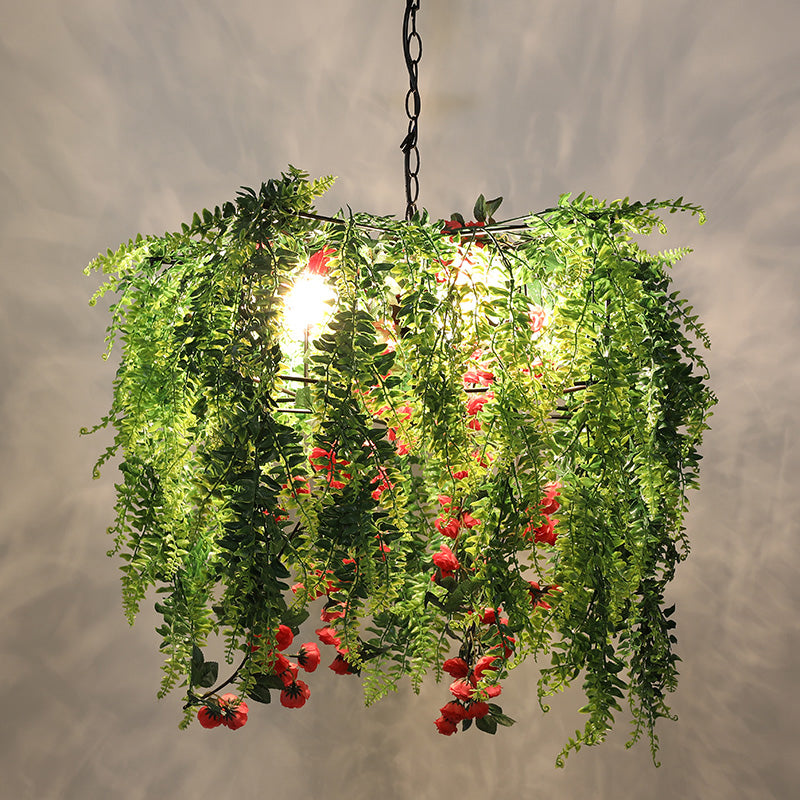 Warehouse Wire Guard Chandelier Lamp 4 Bulbs Iron Hanging Ceiling Light in Green with Plant Decor