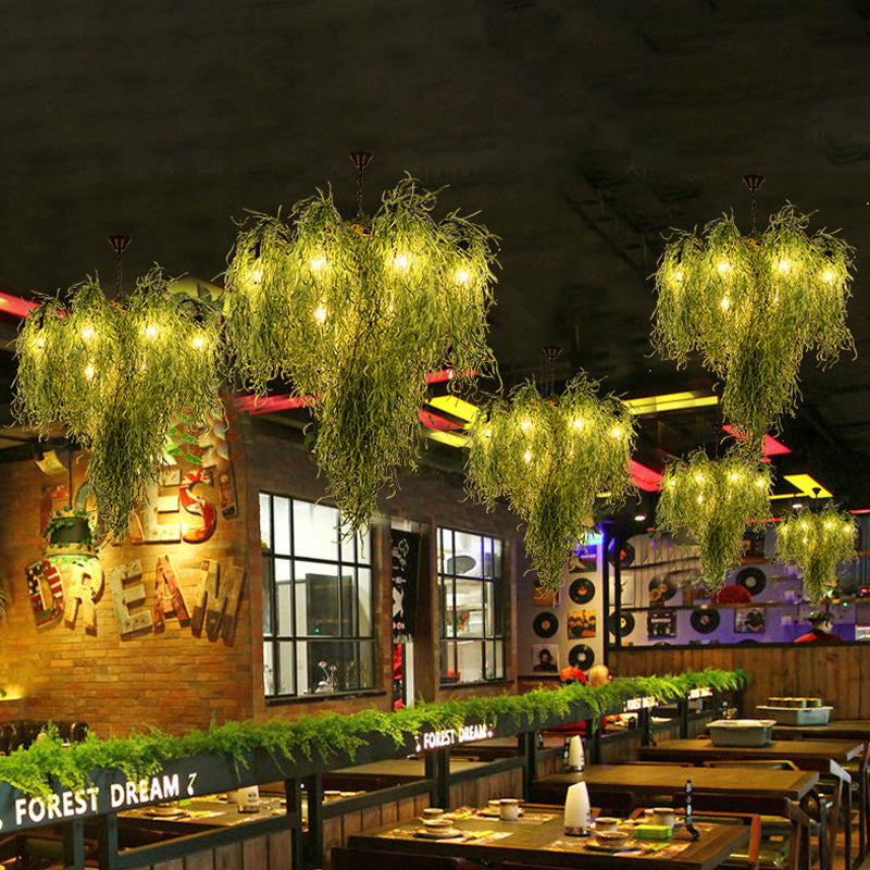 8/14 Lights Iron Chandelier Lighting Industrial Green 1/2-Tier Restaurant Plant Suspension Pendant Light