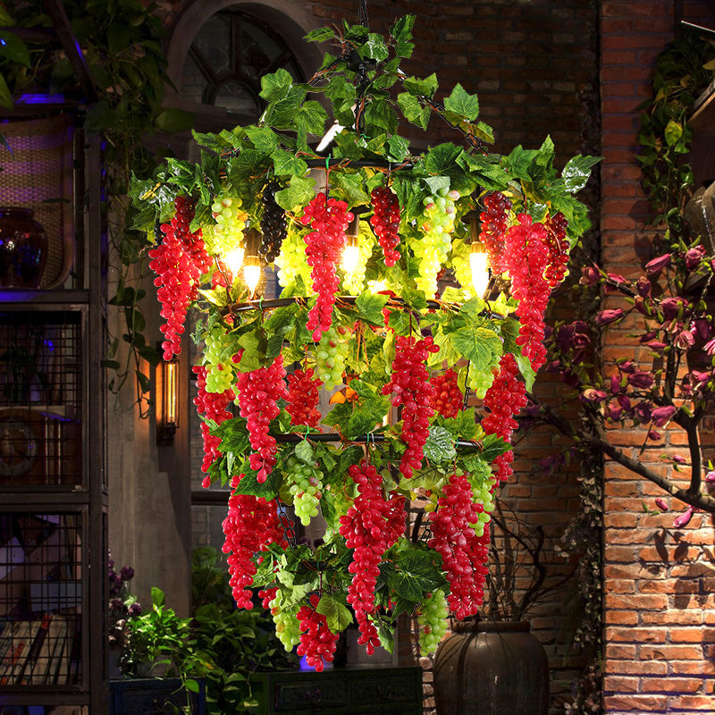 Tiered Round Iron Pendant Chandelier Industrial 6 Heads Restaurant Down Lighting in Red with Artificial Grape