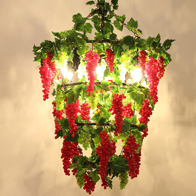 Tiered Round Iron Pendant Chandelier Industrial 6 Heads Restaurant Down Lighting in Red with Artificial Grape