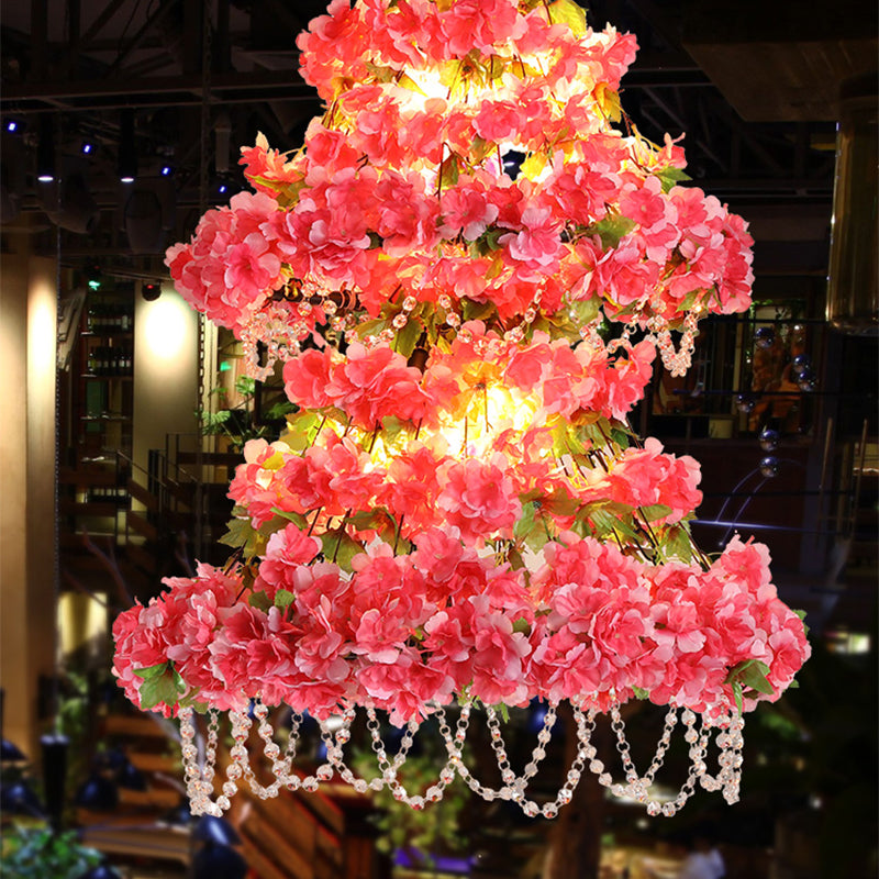 Loft Dual Cone Cage Chandelier 6 Heads Iron Flower Suspended Lighting Fixture in Pink with Crystal Accent