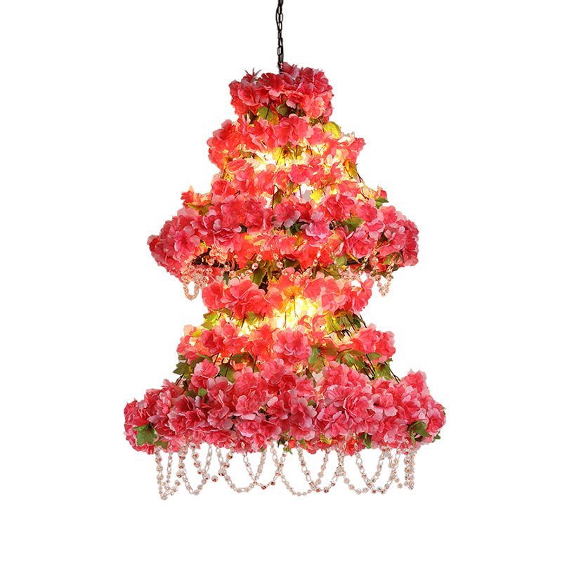 Loft Dual Cone Cage Chandelier 6 Heads Iron Flower Suspended Lighting Fixture in Pink with Crystal Accent