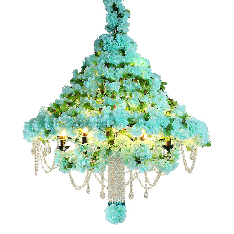 6-Head Conical Cage Chandelier Industrial Blue Iron Flower Ceiling Pendant with Dangling Crystal