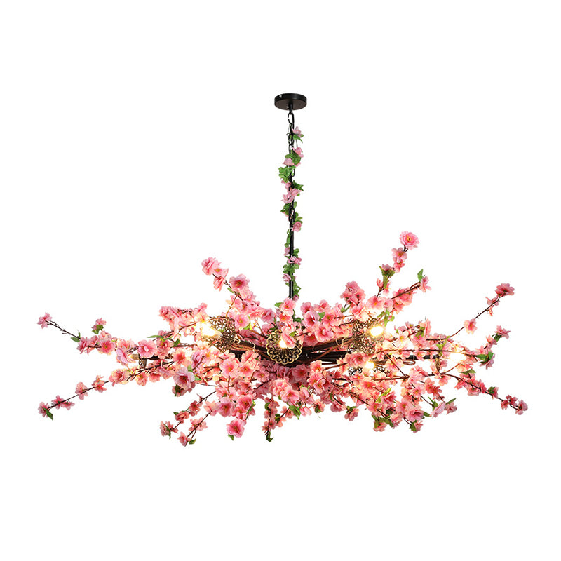 Vintage Sputnik Chandelier Lighting 12 Lights Iron LED Hanging Light Fixture in Pink with Flower Decor