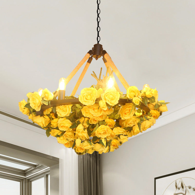 Antique Round Pendant Chandelier 6 Lights Iron Flower Hanging Ceiling Light with Hemp Rope in Yellow/Pink/Light Pink