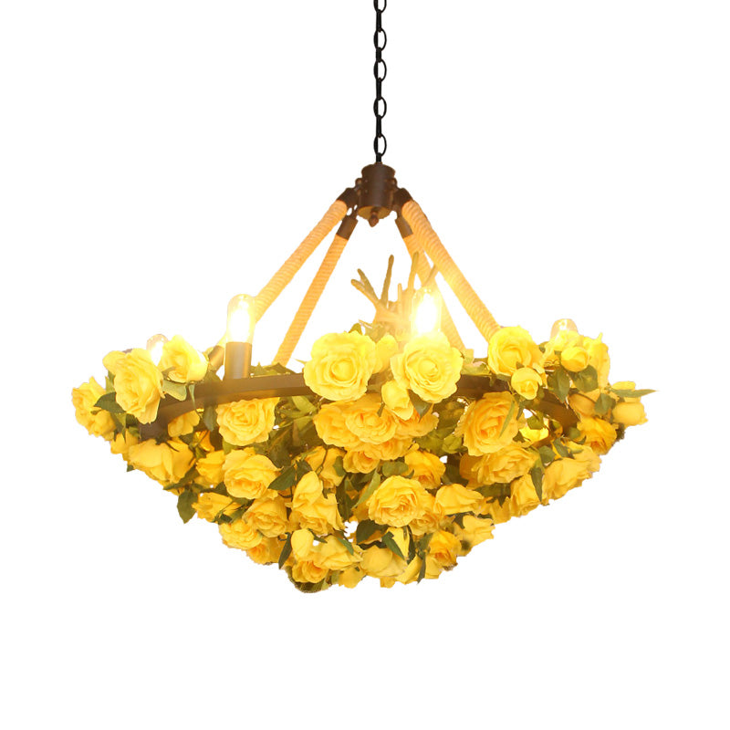 Antique Round Pendant Chandelier 6 Lights Iron Flower Hanging Ceiling Light with Hemp Rope in Yellow/Pink/Light Pink