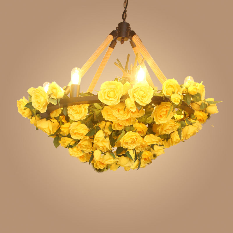 Antique Round Pendant Chandelier 6 Lights Iron Flower Hanging Ceiling Light with Hemp Rope in Yellow/Pink/Light Pink