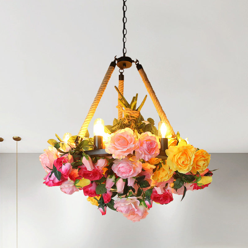 Antique Round Pendant Chandelier 6 Lights Iron Flower Hanging Ceiling Light with Hemp Rope in Yellow/Pink/Light Pink