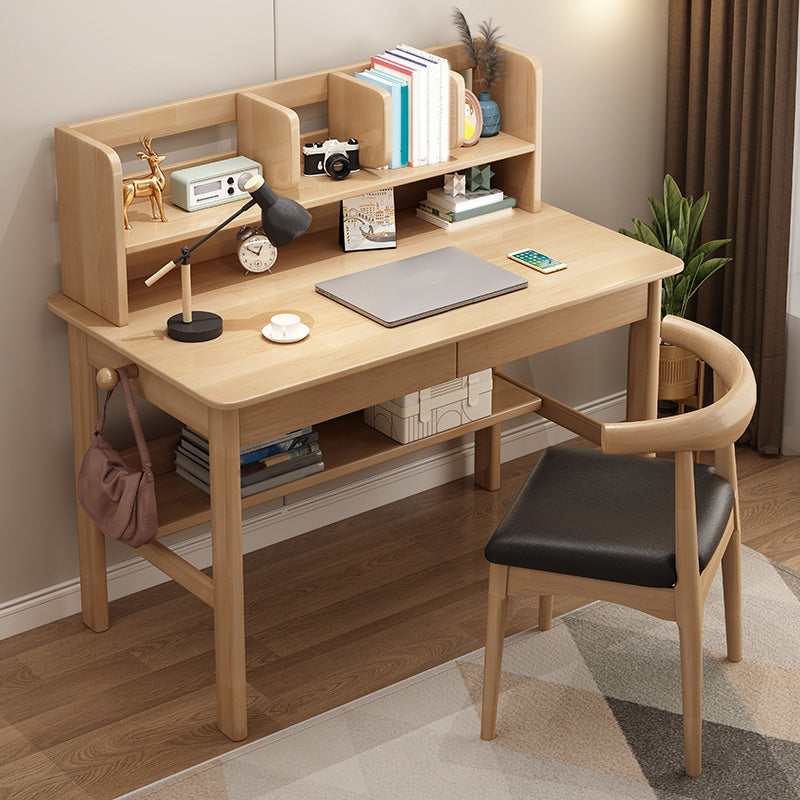 Contemporary Solid Wood Writing Desk with Shelves and 2 Drawers