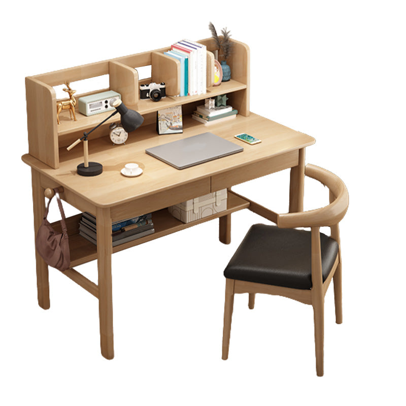 Contemporary Solid Wood Writing Desk with Shelves and 2 Drawers