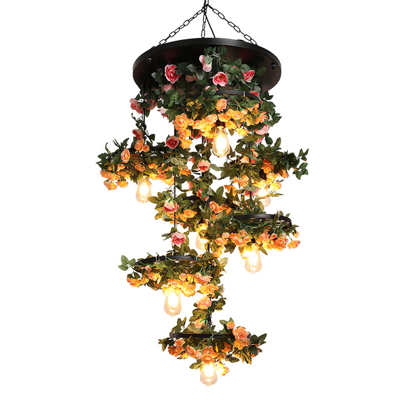 7 Lights Hanging Chandelier Warehouse Open Bulb Iron Flower Down Lighting Pendant in Black