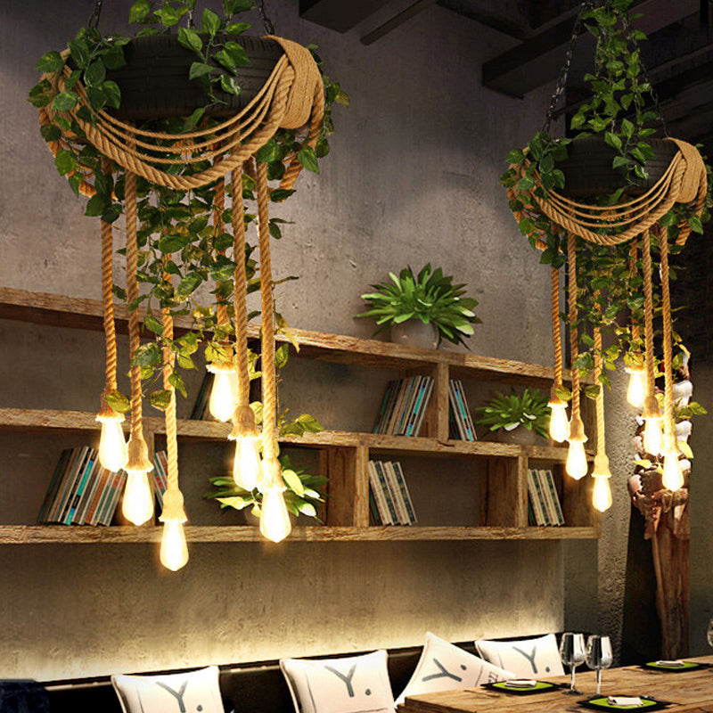 Pink/Green 6-Light Chandelier Lamp Warehouse Hemp Rope Open Bulb Plant/Flower Drop Pendant with Rubber Tire Decoration