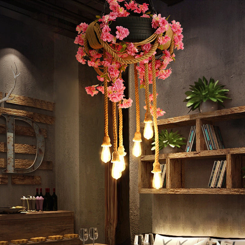 Pink/Green 6-Light Chandelier Lamp Warehouse Hemp Rope Open Bulb Plant/Flower Drop Pendant with Rubber Tire Decoration