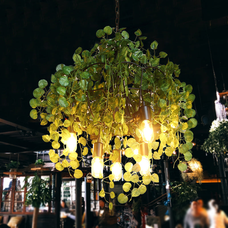 Green Exposed Bulb Ceiling Chandelier Loft Iron 6 Heads Restaurant Drop Pendant with Plant Decor