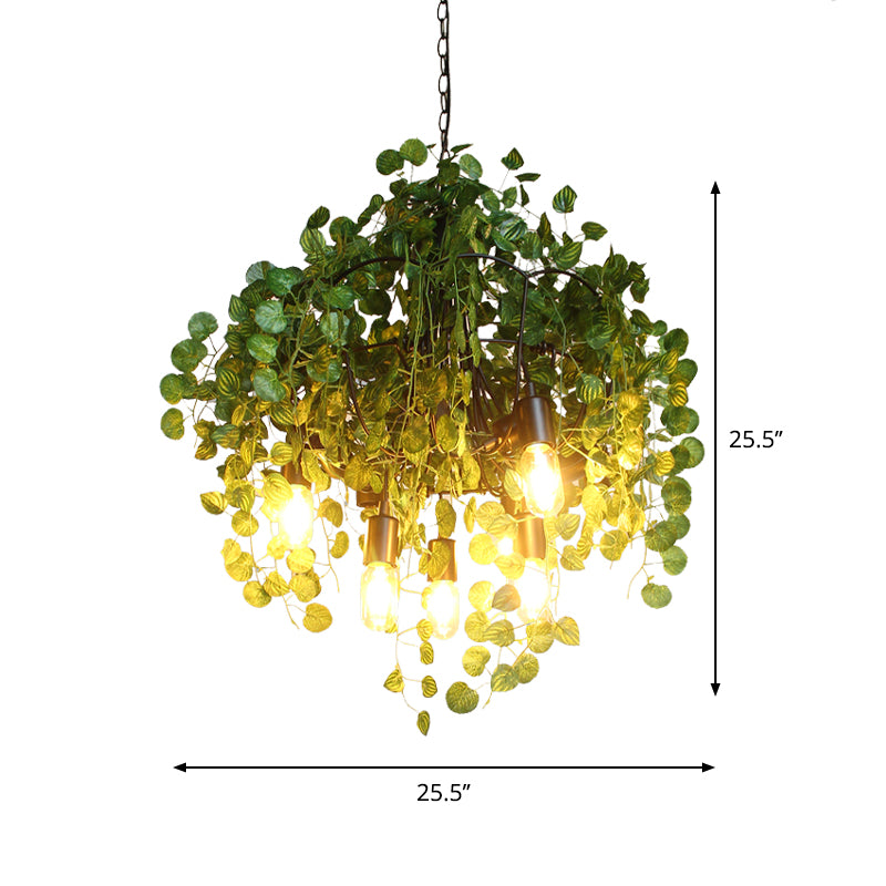 Green Exposed Bulb Ceiling Chandelier Loft Iron 6 Heads Restaurant Drop Pendant with Plant Decor