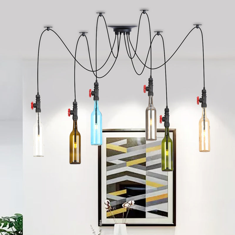 6/8/10 Lights Swag LED Multi Pendant Vintage Restaurant Hangende plafondlamp met fles gekleurde glazen schaduw in zwart