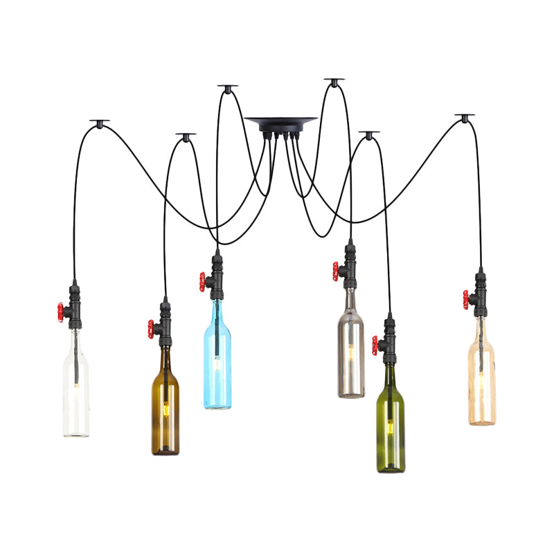 6/8/10 Lights Swag LED Multi Pendant Vintage Restaurant Hanging Ceiling Lamp with Bottle Colored Glass Shade in Black