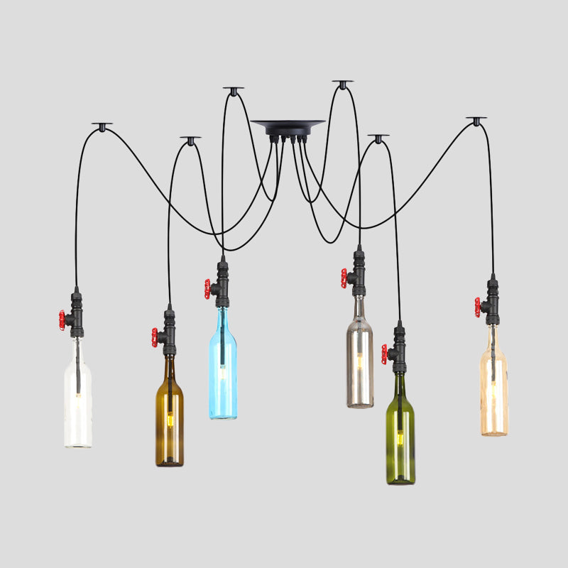 6/8/10 Lights Swag LED Multi Pendant Vintage Restaurant Hangende plafondlamp met fles gekleurde glazen schaduw in zwart