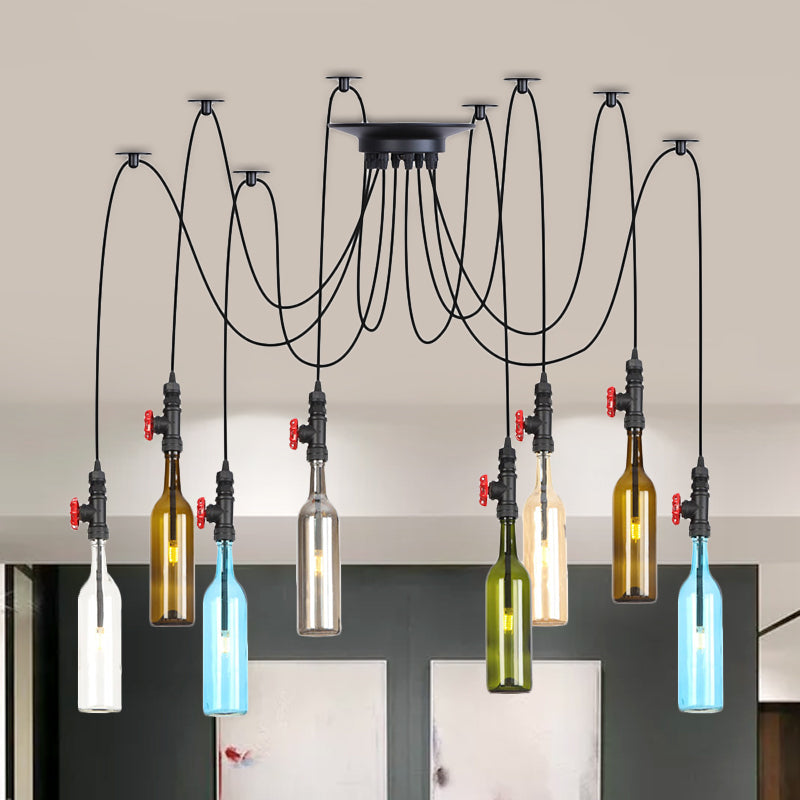 6/8/10 Lights Swag LED Multi Pendant Vintage Restaurant Hangende plafondlamp met fles gekleurde glazen schaduw in zwart