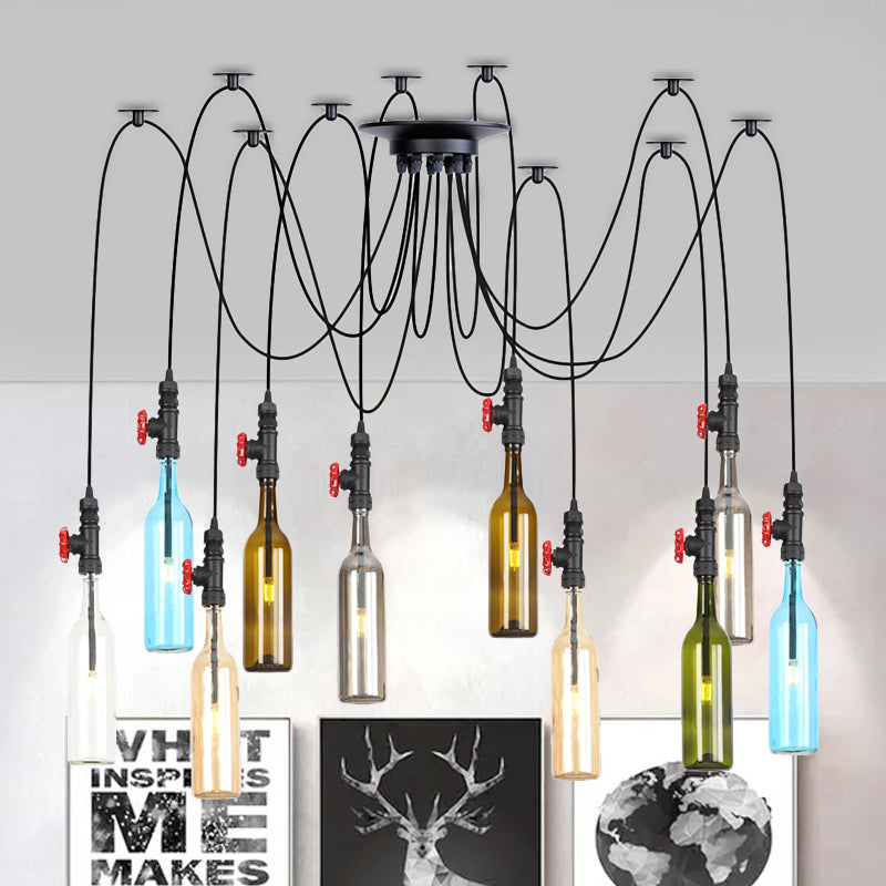 6/8/10 Lights Swag LED Multi Pendant Vintage Restaurant Hangende plafondlamp met fles gekleurde glazen schaduw in zwart