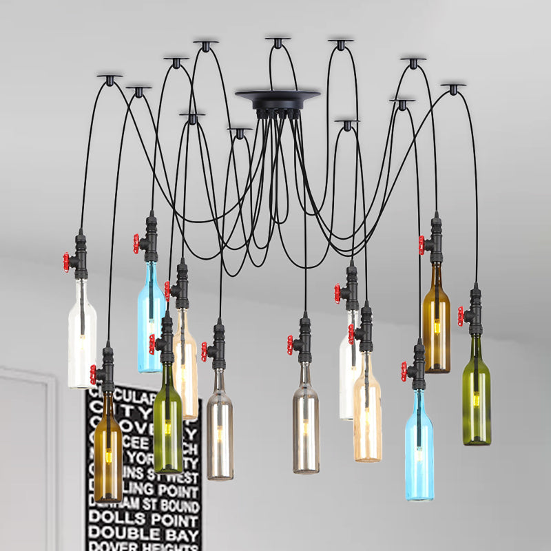 6/8/10 Lights Swag LED Multi Pendant Vintage Restaurant Hangende plafondlamp met fles gekleurde glazen schaduw in zwart