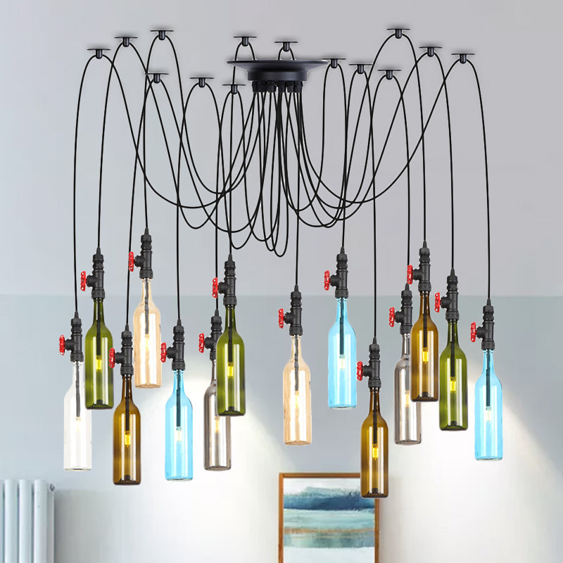 6/8/10 Lights Swag LED Multi Pendant Vintage Restaurant Hangende plafondlamp met fles gekleurde glazen schaduw in zwart