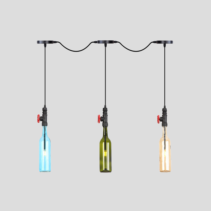 Black Finish 3/5/7 Bulbs Multi Ceiling Light Industrial Colored Glass Bottle LED Tandem Pendulum Lamp