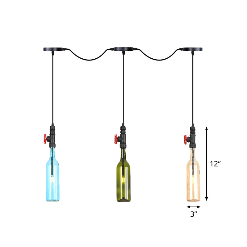 Black Finish 3/5/7 Bulbs Multi Ceiling Light Industrial Colored Glass Bottle LED Tandem Pendulum Lamp