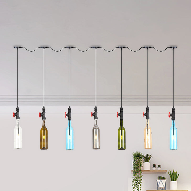 Black Finish 3/5/7 Bulbs Multi Ceiling Light Industrial Colored Glass Bottle LED Tandem Pendulum Lamp