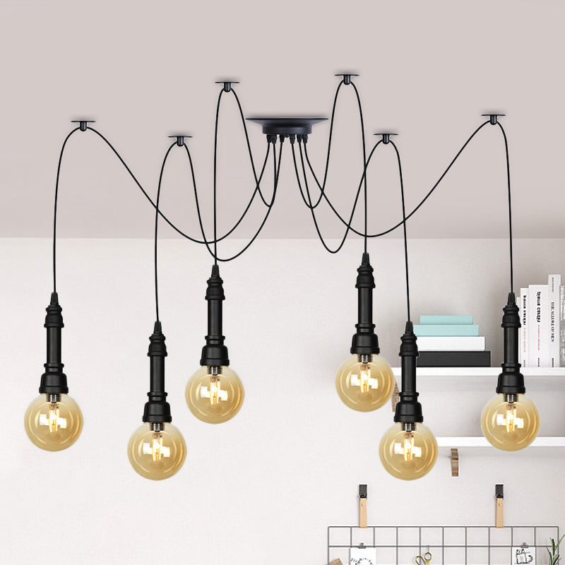 2/3/6 Heads Amber Glass Multi Light Chandelier Vintage Black Finish Global Restaurant Swag LED Hanging Pendant Lamp