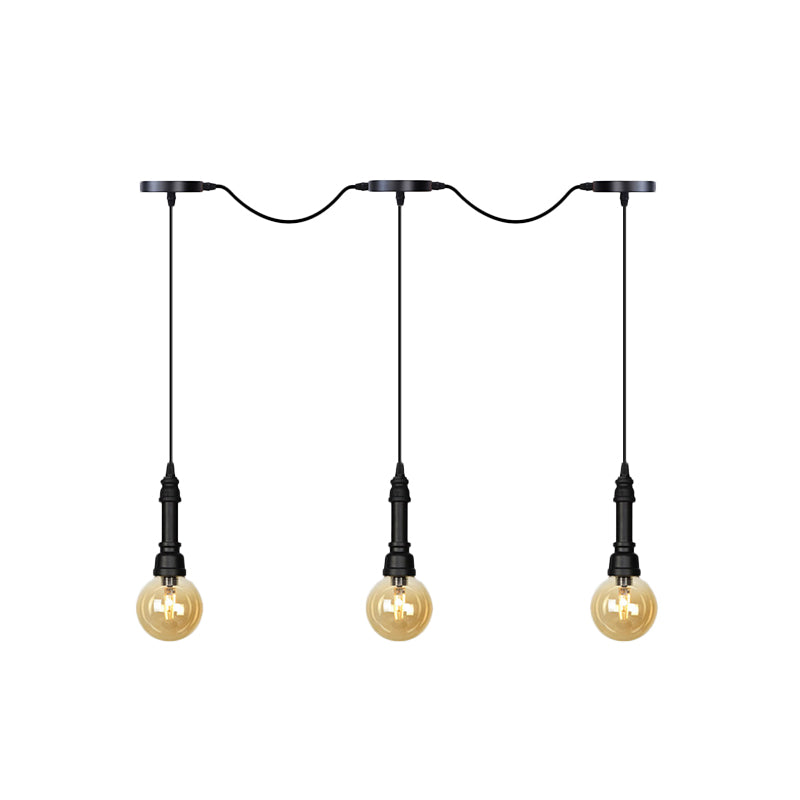 Bernsteinglas Ball Multiple Hanging Light Vintage 3/5/7 Light Coffee House Tandem LED-Decke Anhängerlampe in Schwarz