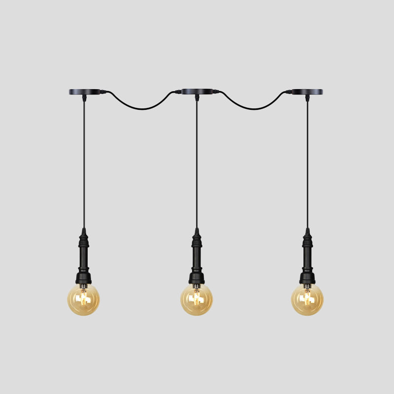 Amber Glass Ball Meerdere hangende licht Vintage 3/5/7-Licht koffiehuis tandem LED plafond hanger lamp in zwart